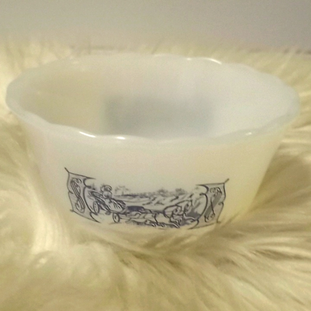 VTG- Glasbake Currier & Ives "Harvest"  Milk Glass Custard Cup